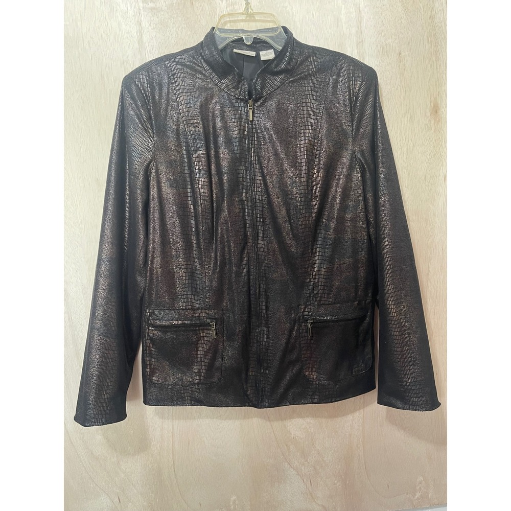 Kim Rogers Womens Metallic Bronze Black Faux Snakeskin Zip Front Jacket Large